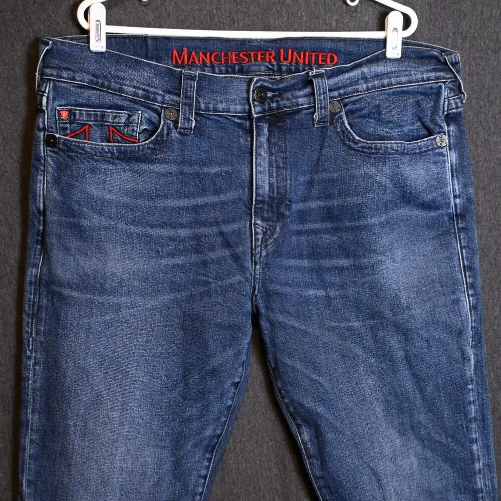 True Religion x Manchester United Men's 40 (38x30) Denim Jeans Red Stitching